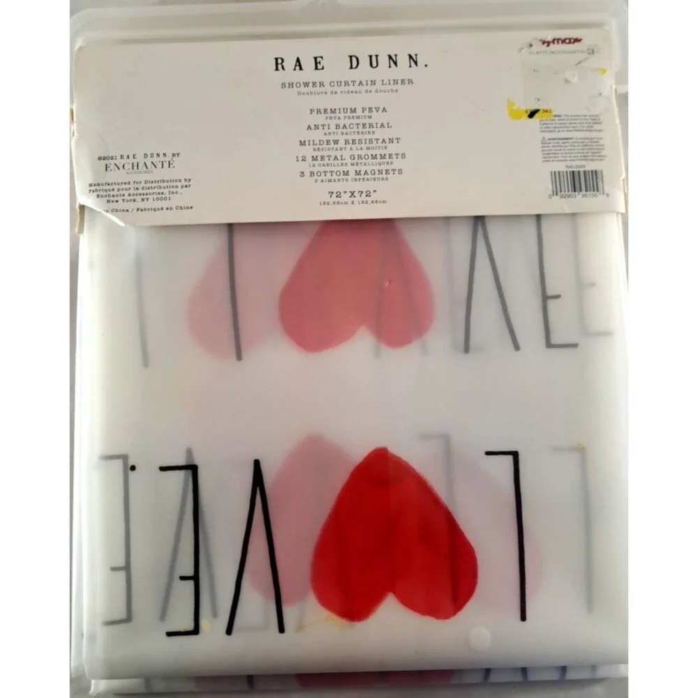 NEW Rae Dunn Hearts Love Shower Curtain Liner Valentine's Day Red Black